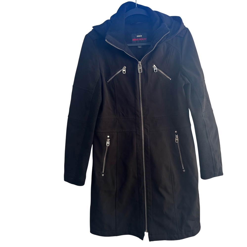 Miss Sixty Black Hooded Full Zip Jacket Coat Womens Medium Y2K Goth‎ Grunge